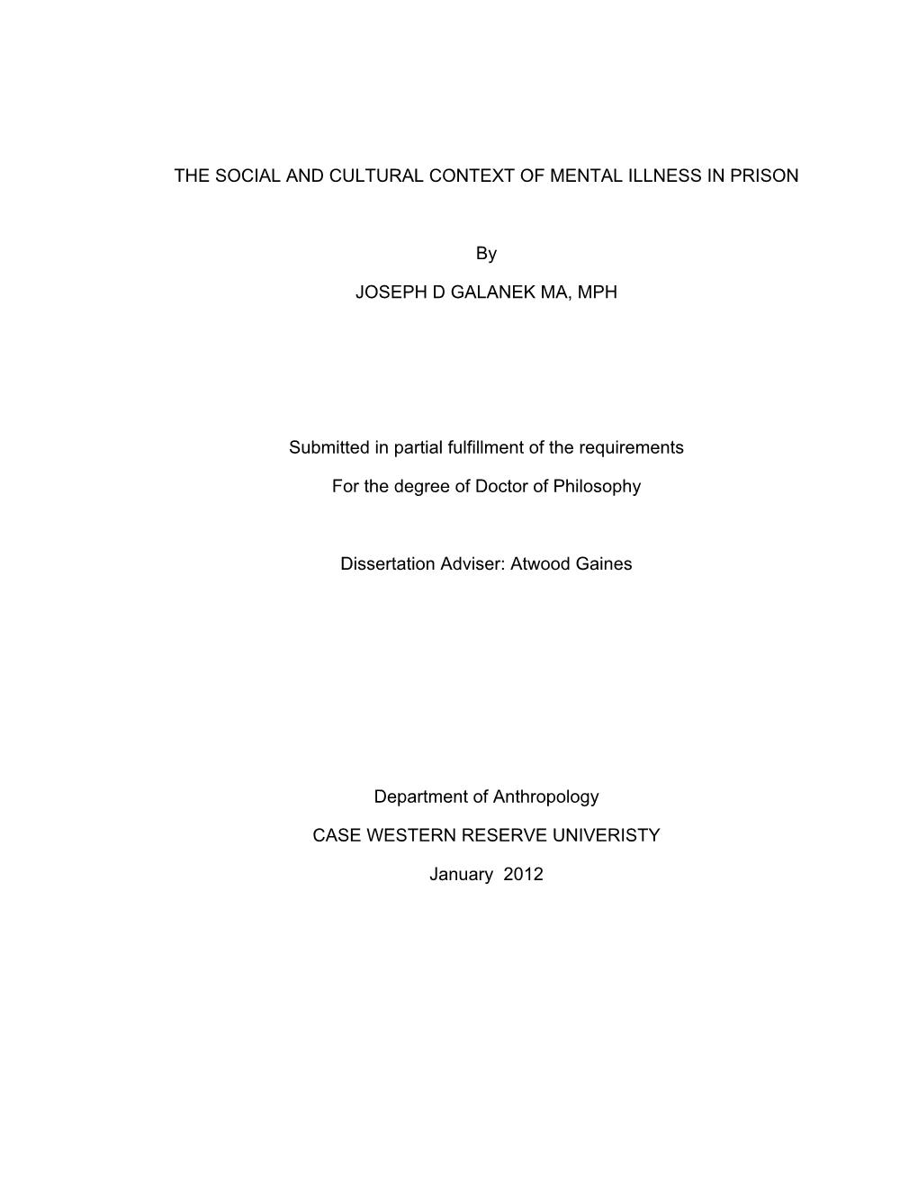 The Social and Cultural Context of Mental Illness in Prison