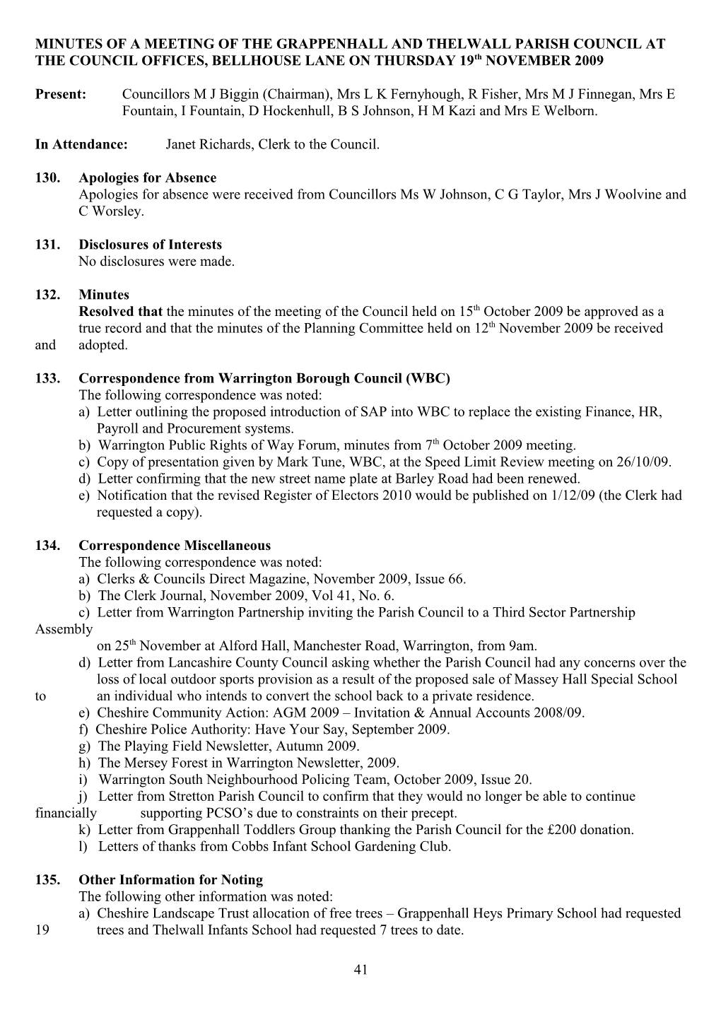 Minutes of a Meeting of the Grappenhall and Thelwall Parish Council at the Council Offices