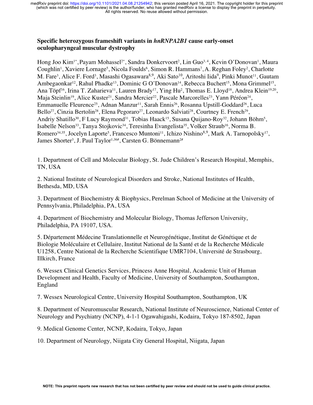 Specific Heterozygous Frameshift Variants in Hnrnpa2b1 Cause Early-Onset Oculopharyngeal Muscular Dystrophy