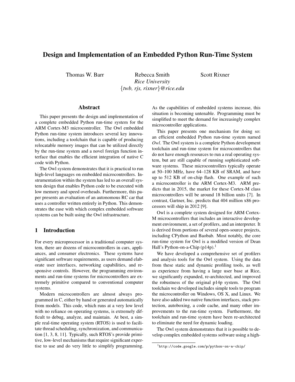 Design and Implementation of an Embedded Python Run-Time System