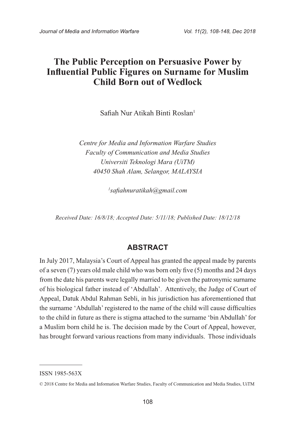 The Public Perception on Persuasive Power by Influential Public Figures on Surname for Muslim Child Born out of Wedlock