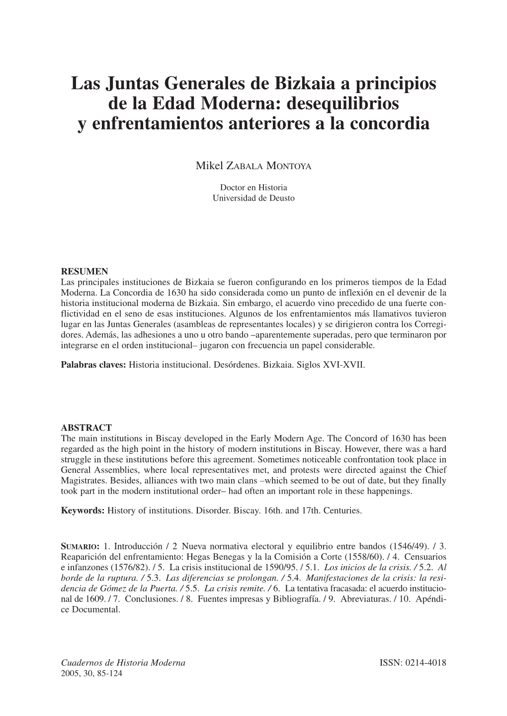 Las Juntas Generales De Bizkaia a Principios De La Edad Moderna: Desequilibrios Y Enfrentamientos Anteriores a La Concordia