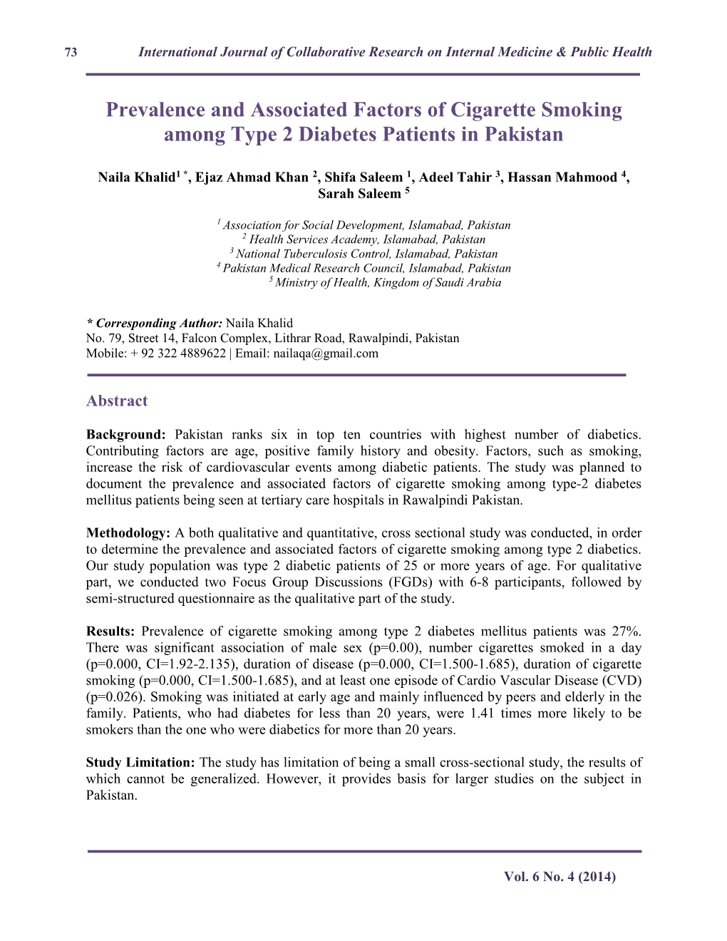 Prevalence and Associated Factors of Cigarette Smoking Among Type 2 Diabetes Patients in Pakistan