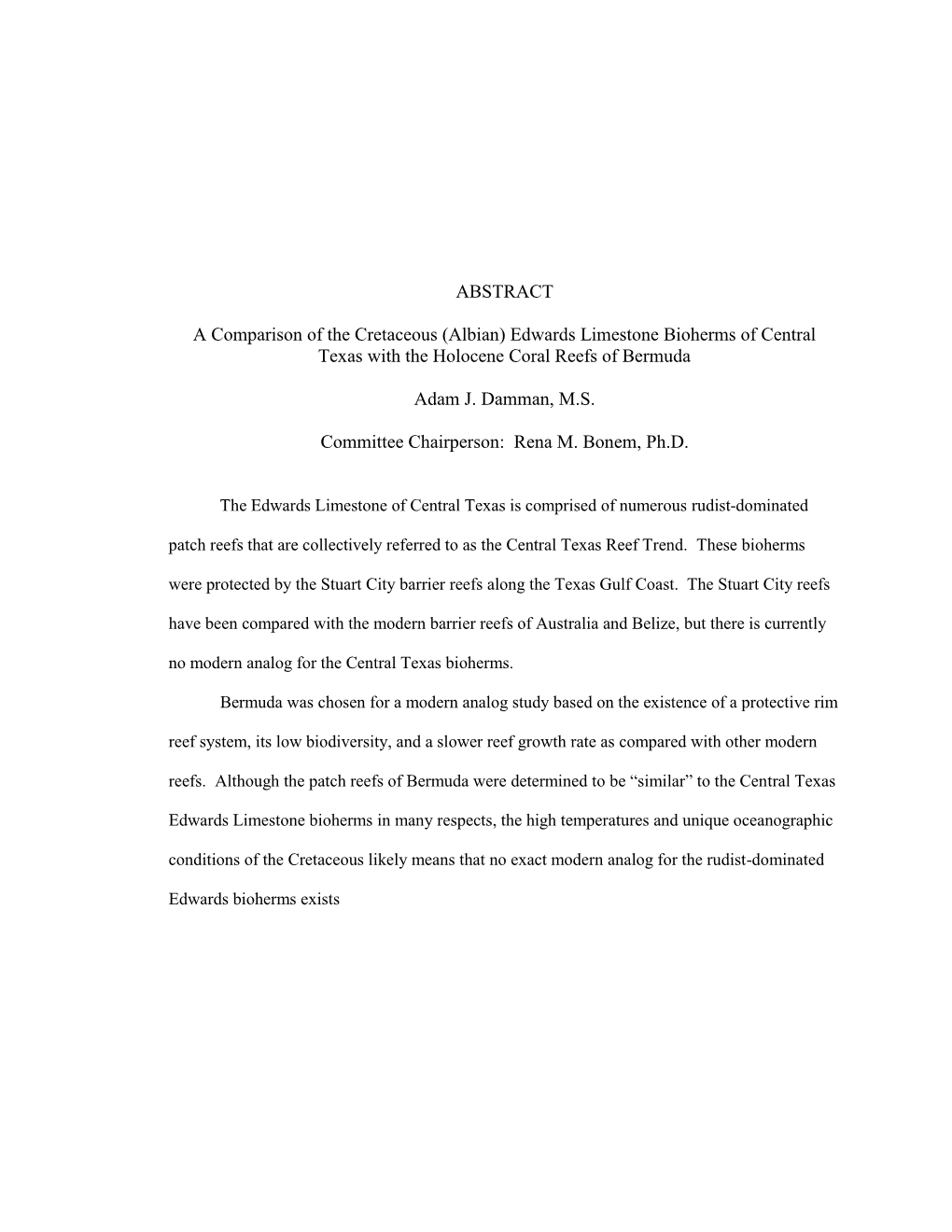 Edwards Limestone Bioherms of Central Texas with the Holocene Coral Reefs of Bermuda