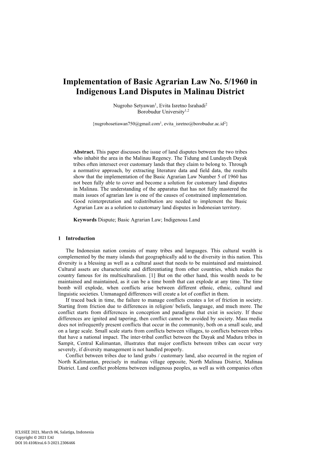 Implementation of Basic Agrarian Law No. 5/1960 in Indigenous Land Disputes in Malinau District