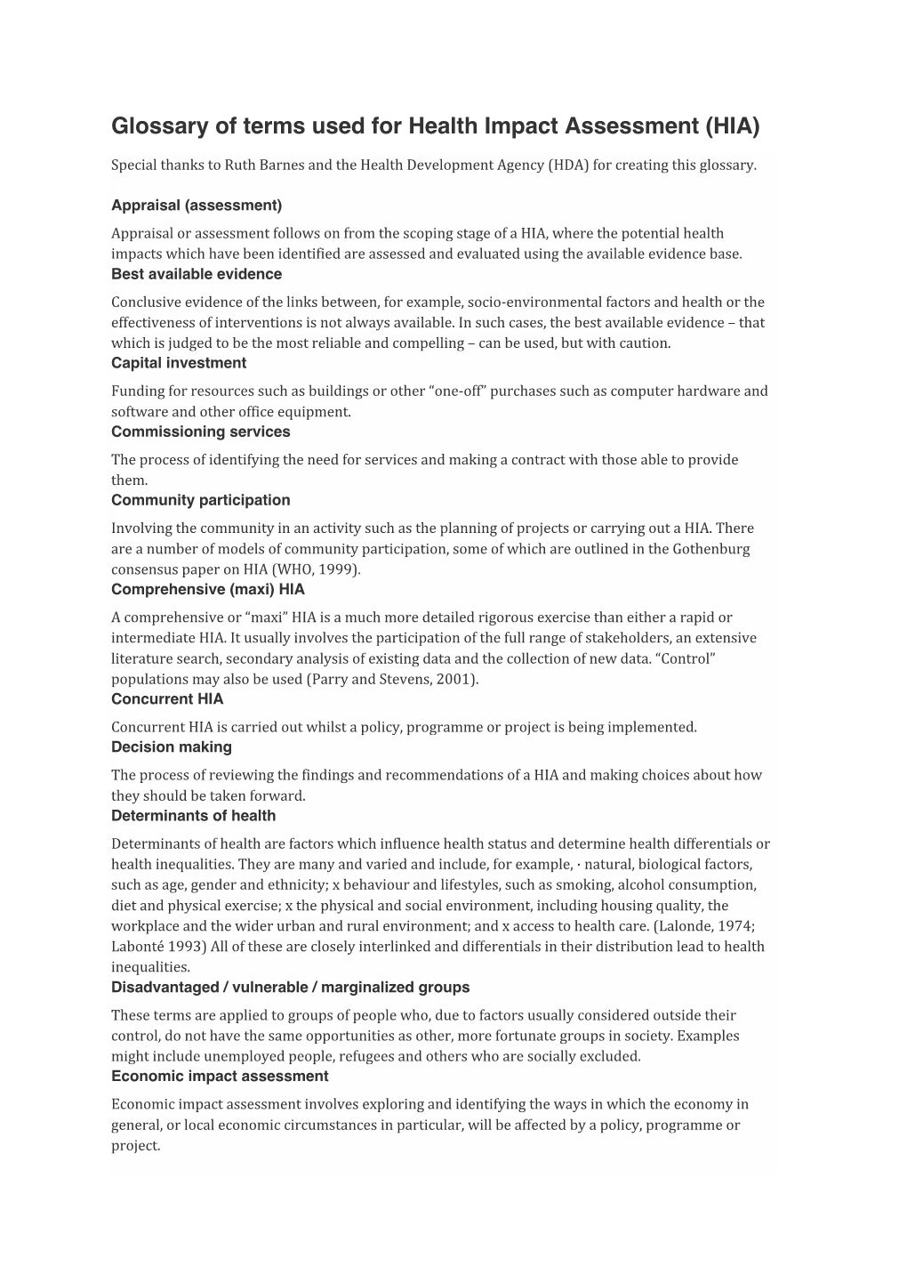 Glossary of Terms Used for Health Impact Assessment (HIA)