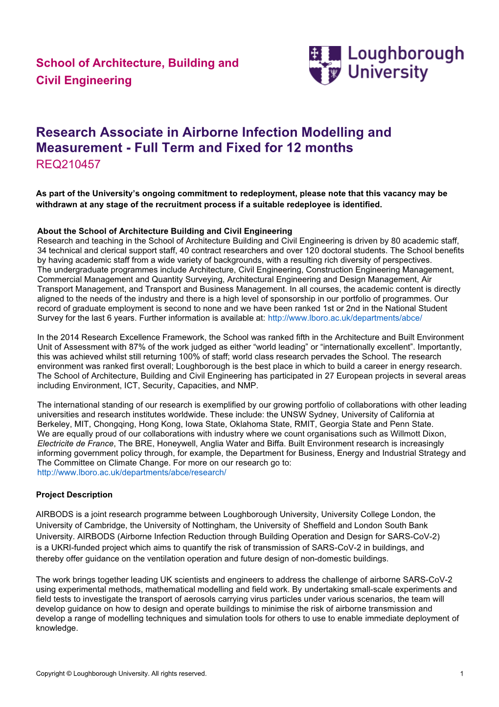 Research Associate in Airborne Infection Modelling and Measurement - Full Term and Fixed for 12 Months REQ210457