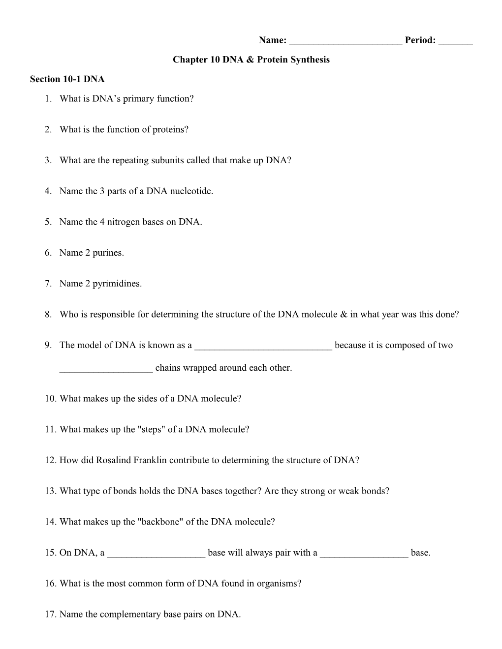 Chapter 10 DNA & Protein Synthesis