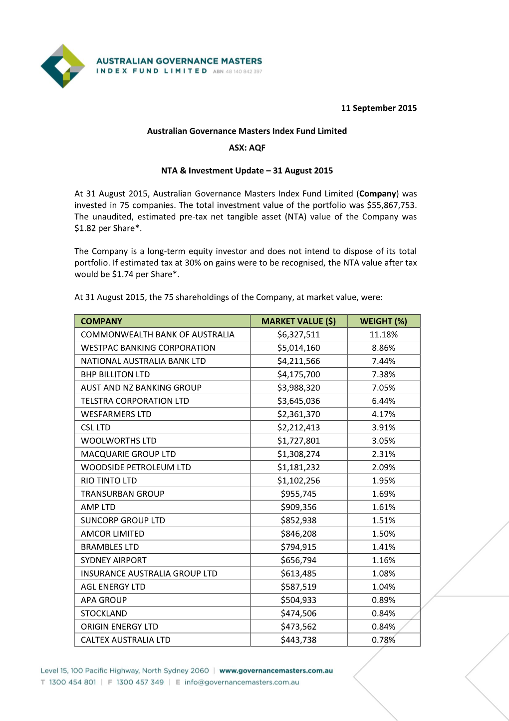 11 September 2015 Australian Governance Masters Index Fund