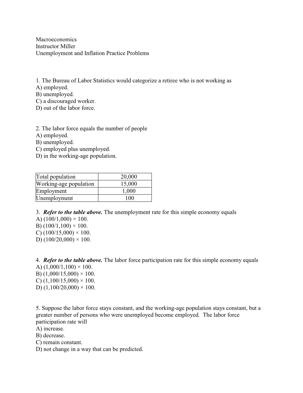 Macroeconomics Instructor Miller Unemployment and Inflation Practice Problems