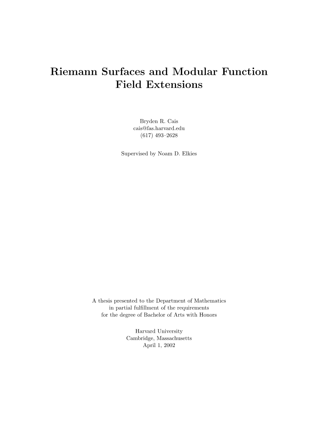 Riemann Surfaces and Modular Function Field Extensions