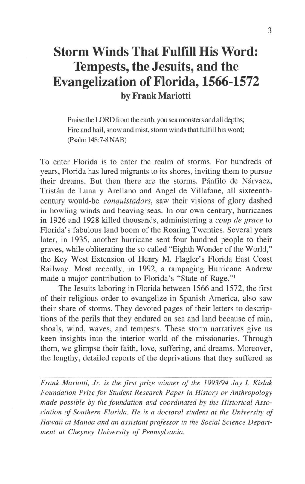 Storm Winds That Fulfill His Word: Tempests, the Jesuits, and the Evangelization of Florida, 1566-1572 by Frank Mariotti