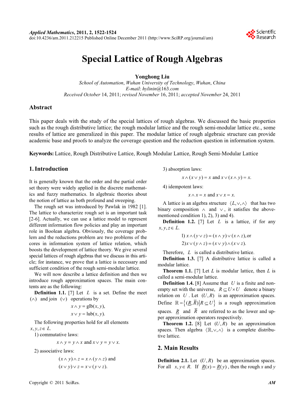 Special Lattice of Rough Algebras