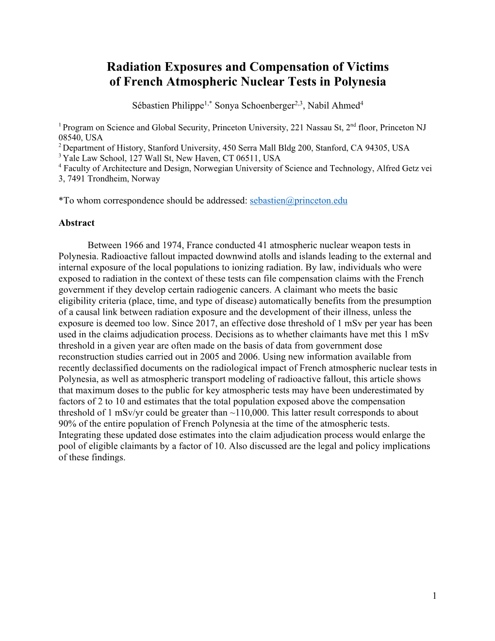 Radiation Exposures and Compensation of Victims of French Atmospheric Nuclear Tests in Polynesia