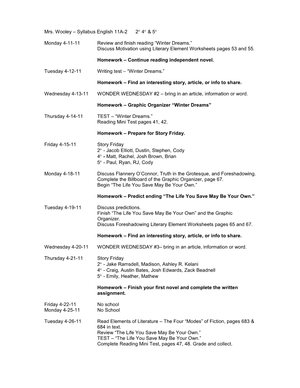 Mrs. Wooley Syllabus English 11A-2 2 4 & 5