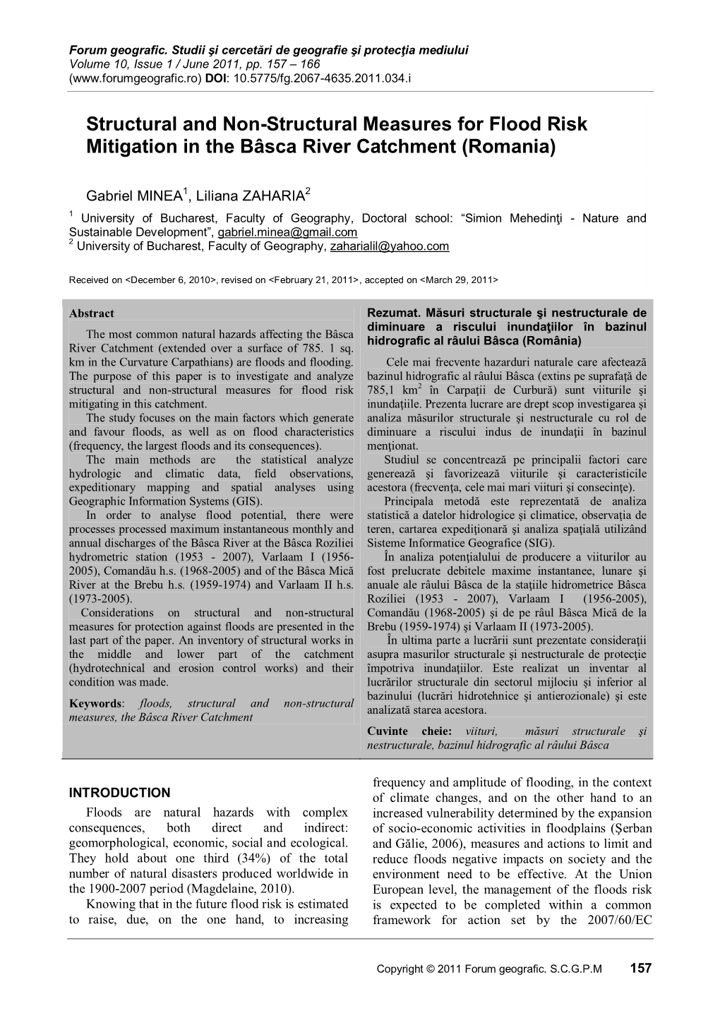 Structural and Non-Structural Measures for Flood Risk Mitigation in the Bâsca River Catchment (Romania)