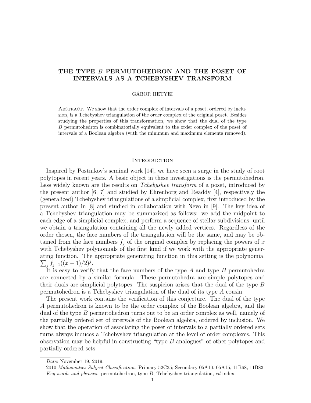 The Type B Permutohedron and the Poset of Intervals As a Tchebyshev Transform