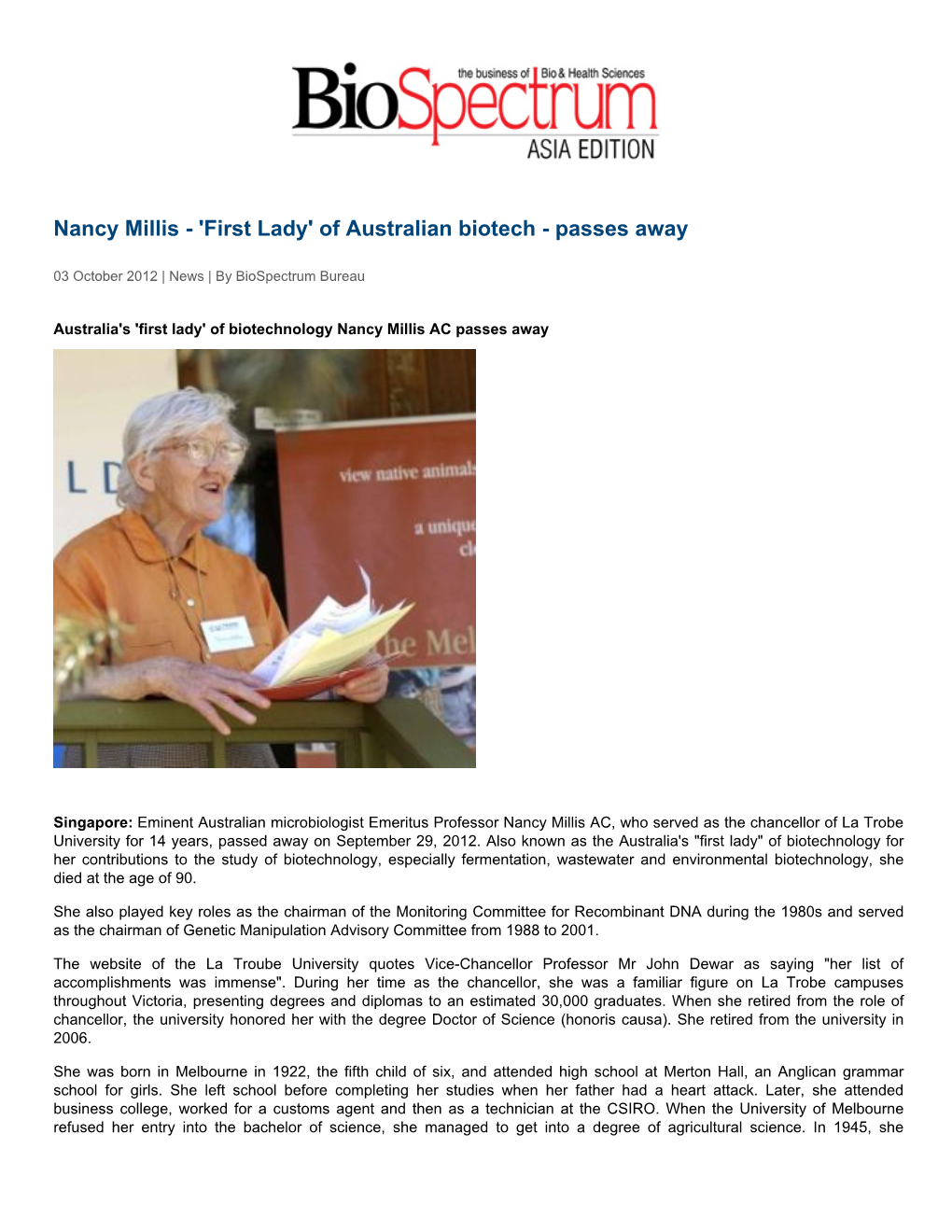 Nancy Millis - 'First Lady' of Australian Biotech - Passes Away