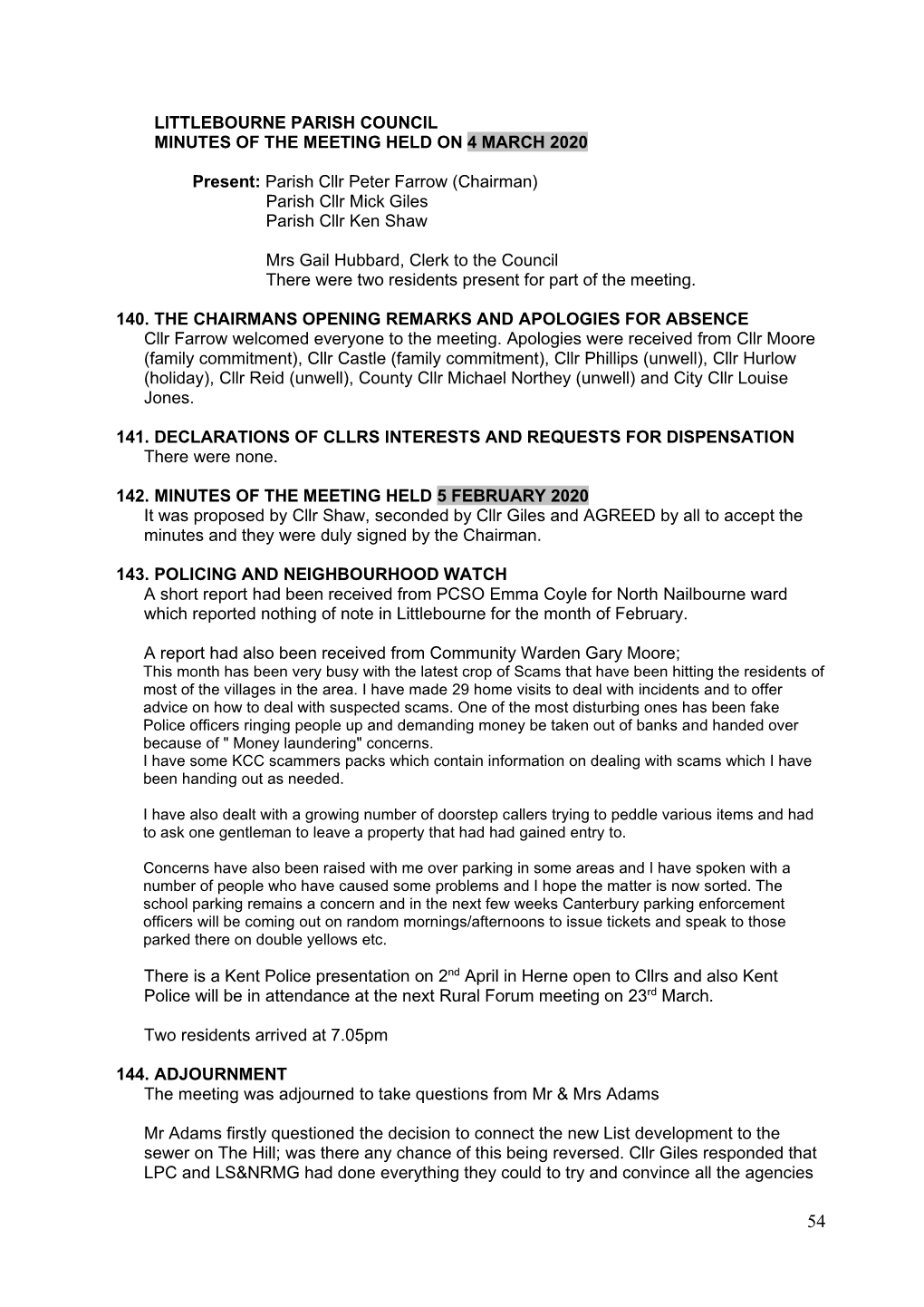 Littlebourne Parish Council Minutes of the Meeting Held on 4 March 2020