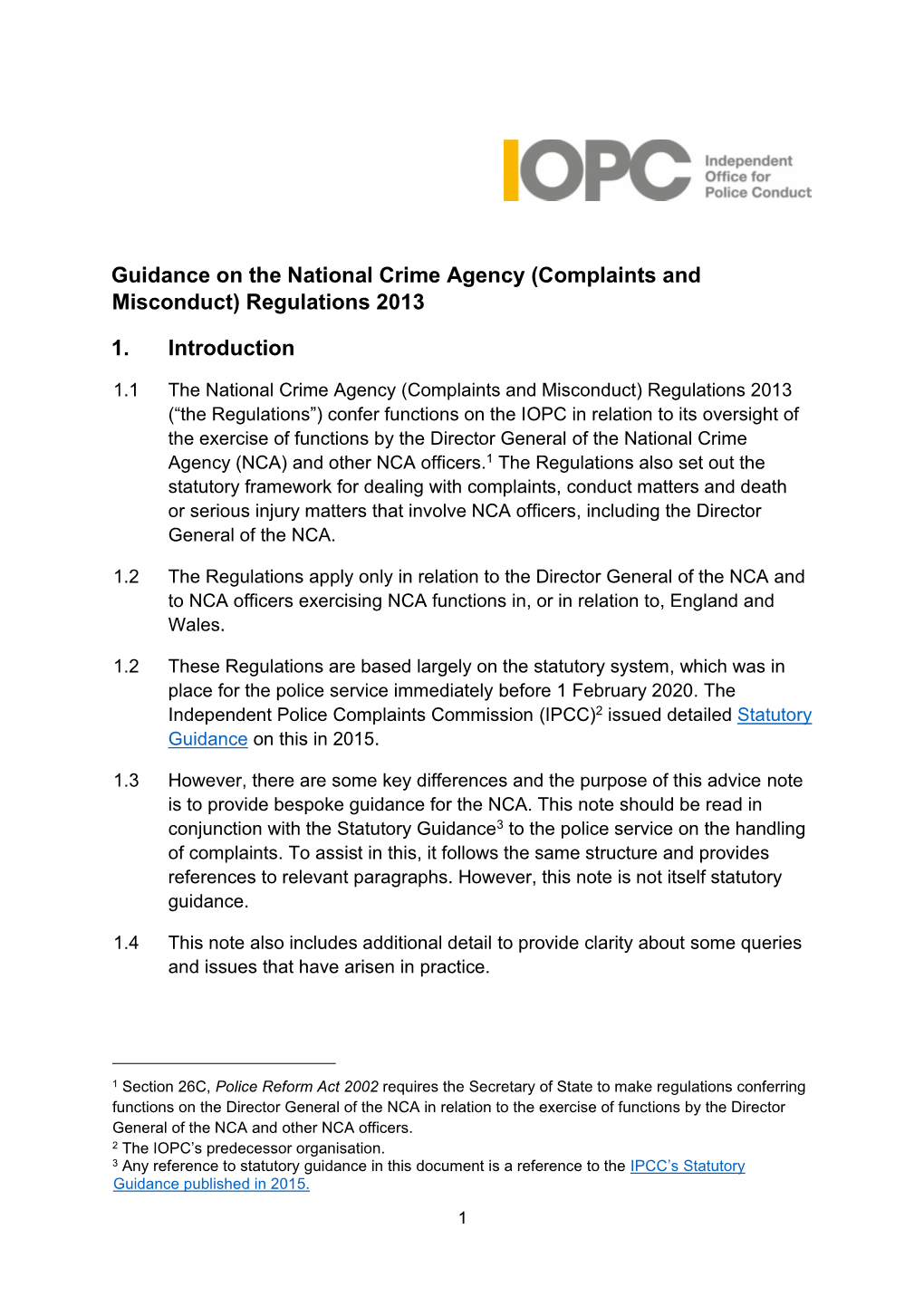 Guidance on the National Crime Agency (Complaints and Misconduct) Regulations 2013