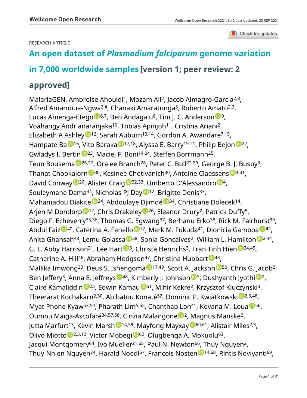 An Open Dataset of Plasmodium Falciparum Genome Variation in 7,000 Worldwide Samples[Version 1; Peer Review: 2 Approved]