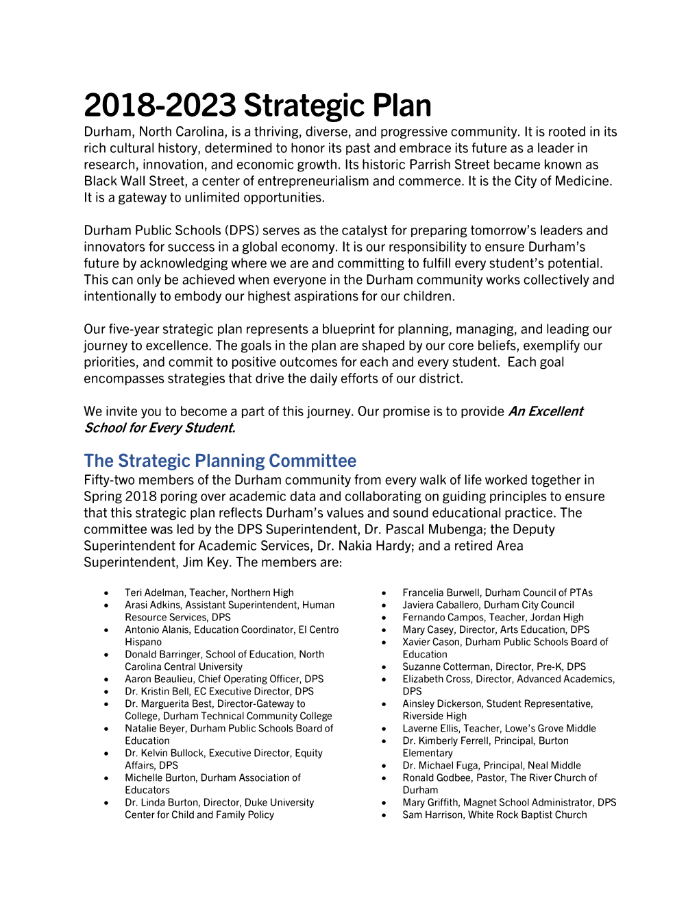 2018-2023 Strategic Plan Durham, North Carolina, Is a Thriving, Diverse, and Progressive Community
