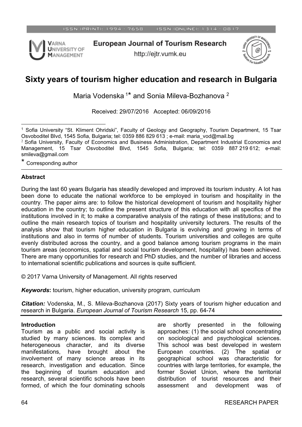 Sixty Years of Tourism Higher Education and Research in Bulgaria