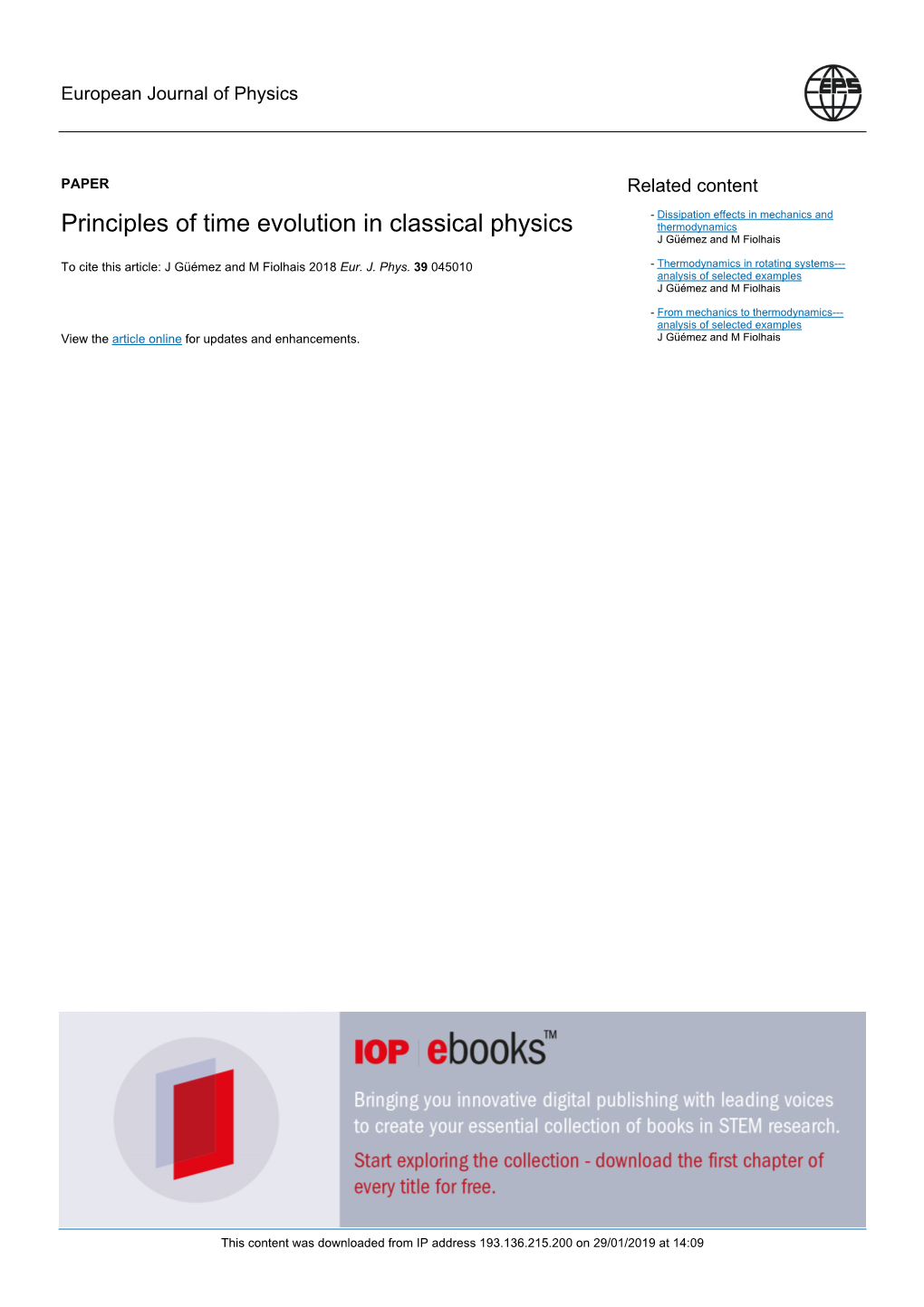 Principles of Time Evolution in Classical Physics Thermodynamics J Güémez and M Fiolhais