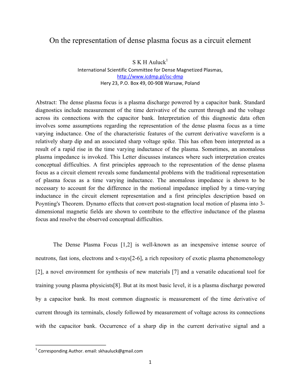 On the Representation of Dense Plasma Focus As a Circuit Element