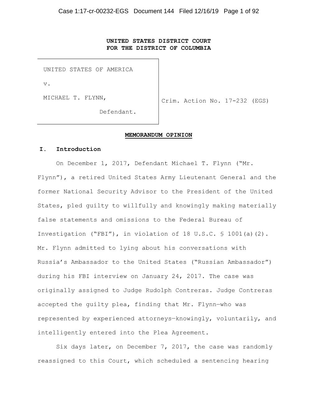 UNITED STATES DISTRICT COURT for the DISTRICT of COLUMBIA UNITED STATES of AMERICA V. MICHAEL T. FLYNN, Defendant. Crim. Action