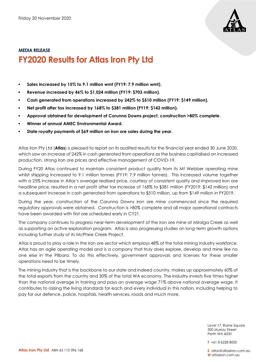 FY2020 Results for Atlas Iron Pty Ltd