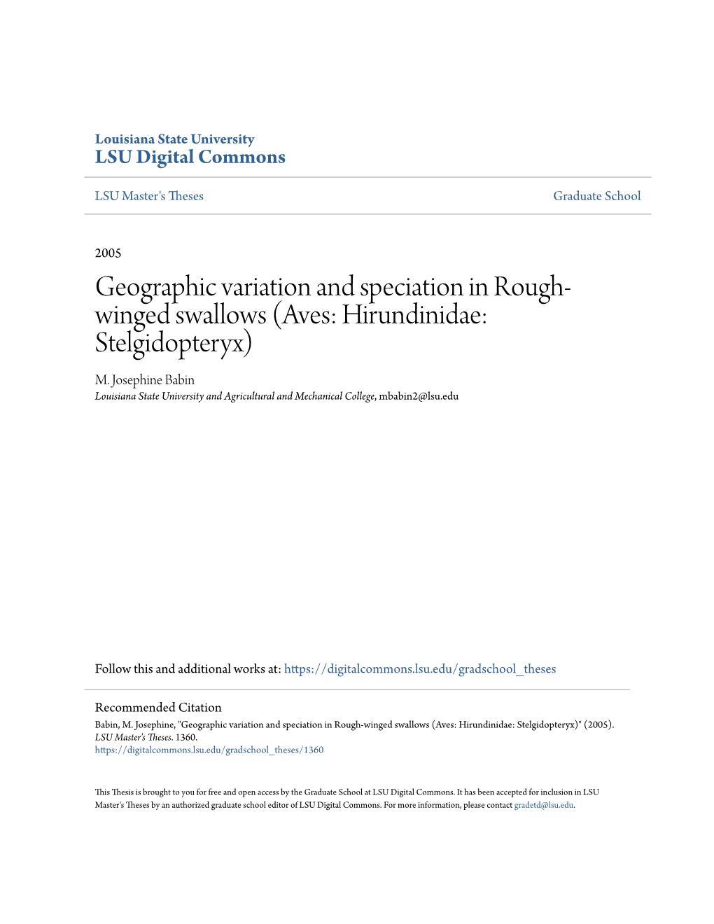 Geographic Variation and Speciation in Rough-Winged Swallows (Aves: Hirundinidae: Stelgidopteryx)