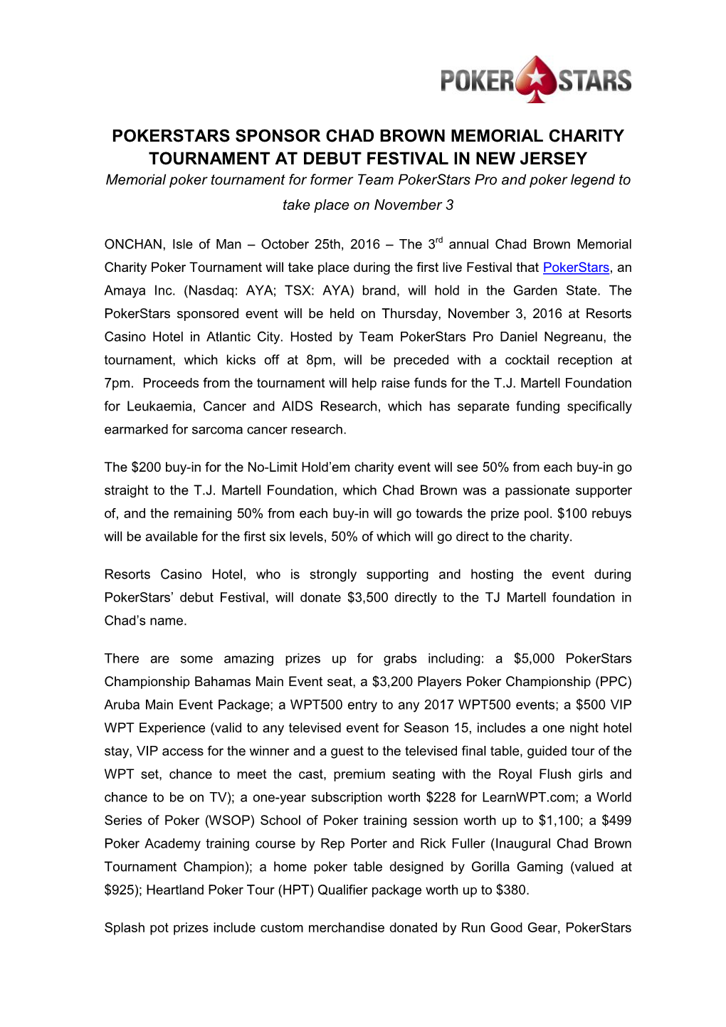 Pokerstars Press Release