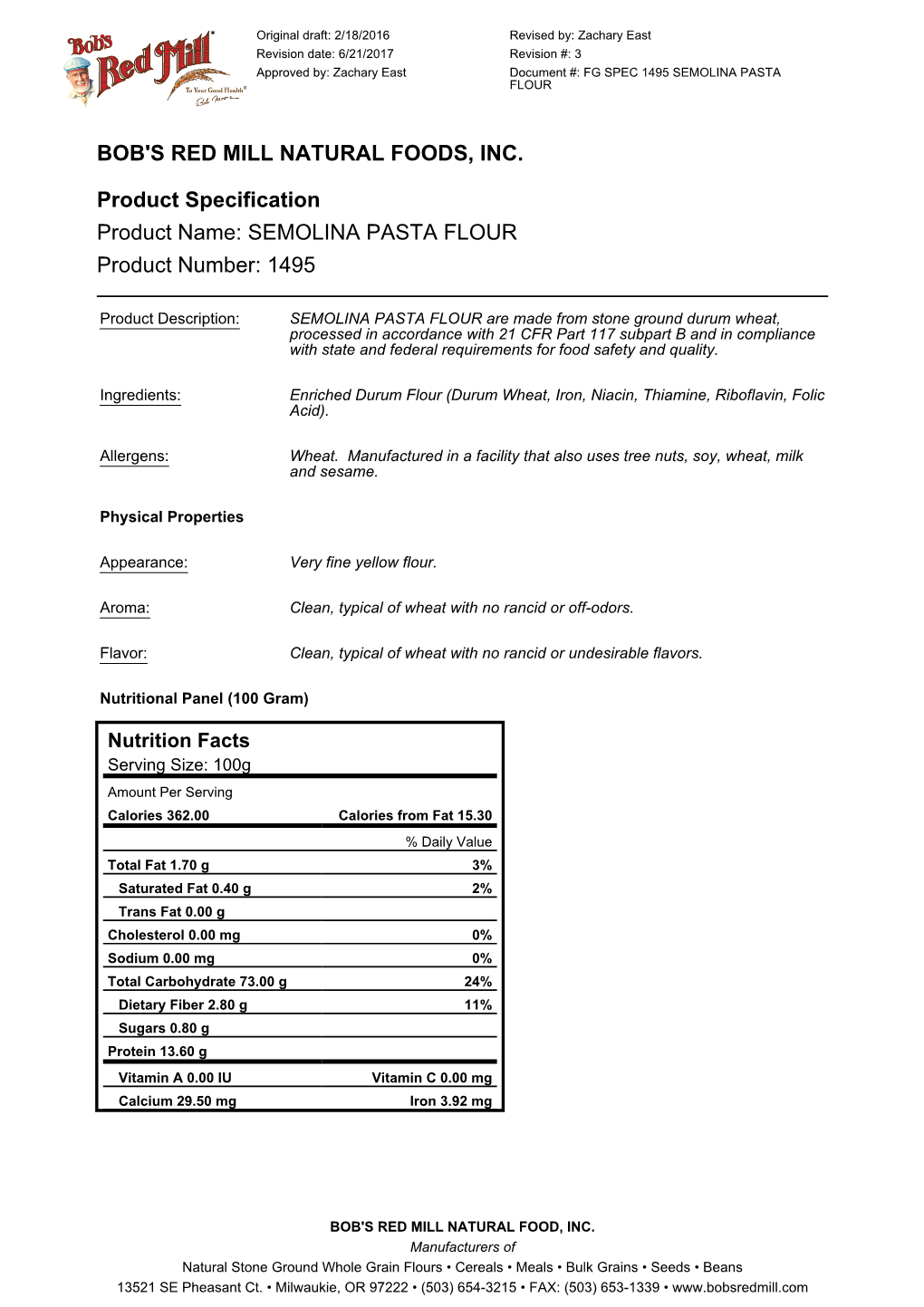 SEMOLINA PASTA FLOUR Product Number: 1495