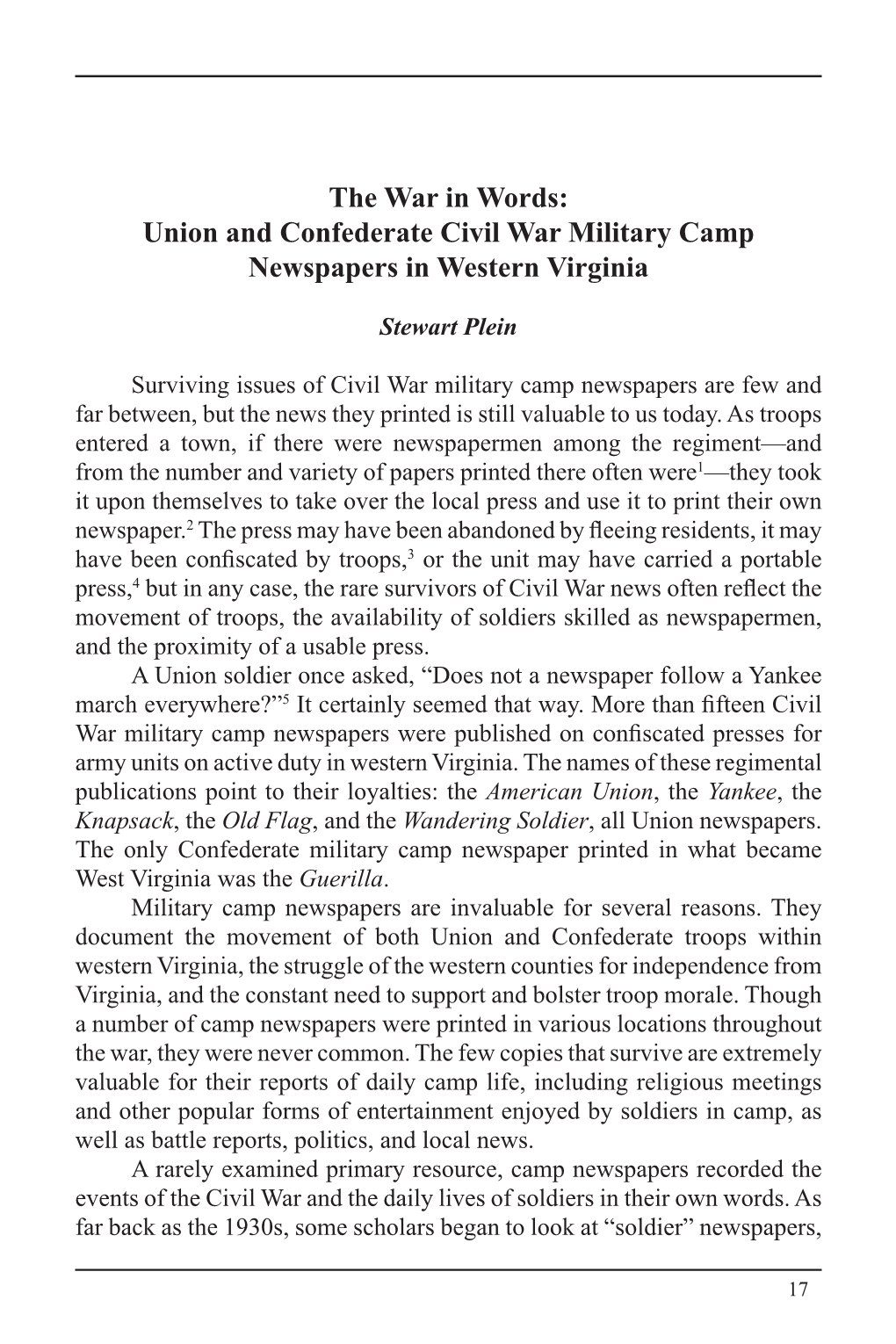 The War in Words: Union and Confederate Civil War Military Camp Newspapers in Western Virginia