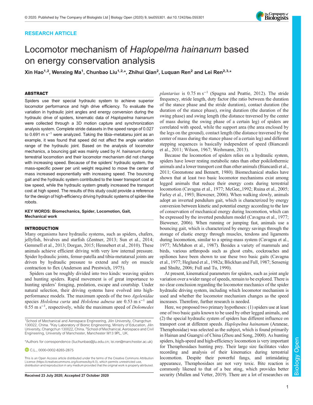 Haplopelma Hainanum</Italic> Based on Energy Conservation Analysis