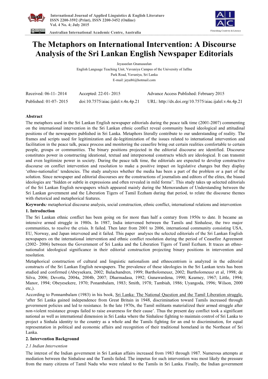 The Metaphors on International Intervention: a Discourse Analysis of the Sri Lankan English Newspaper Editorials