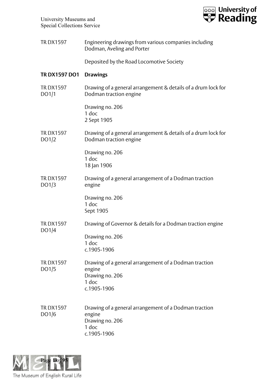 University Museums and Special Collections Service Page 1 of 95 TR DX1597 Engineering Drawings from Various Companies Including