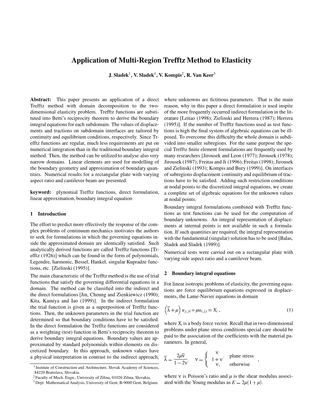 Application of Multi-Region Trefftz Method to Elasticity