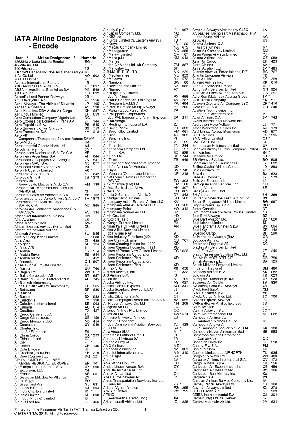 IATA Airline Designators Air Kilroe Limited T/A Eastern Airways T3 * As Avies U3 Air Koryo JS 120 Aserca Airlines, C.A