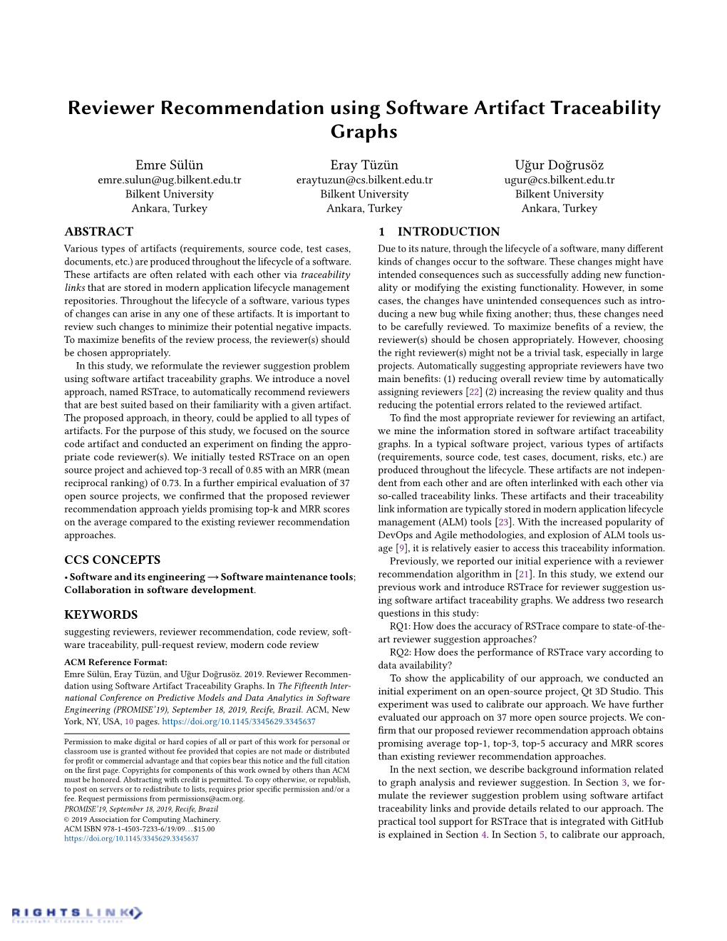 Reviewer Recommendation Using Software Artifact Traceability Graphs