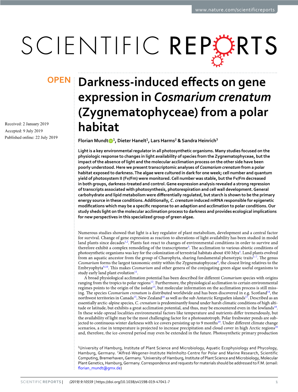 Darkness-Induced Effects on Gene Expression in Cosmarium