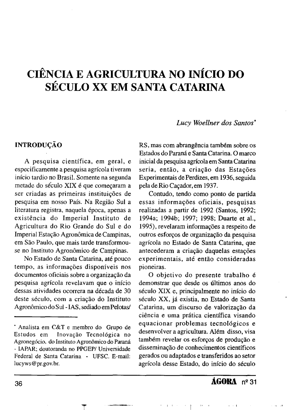 Ciência E Agricultura No Início Do Século Xx Em Santa Catarina