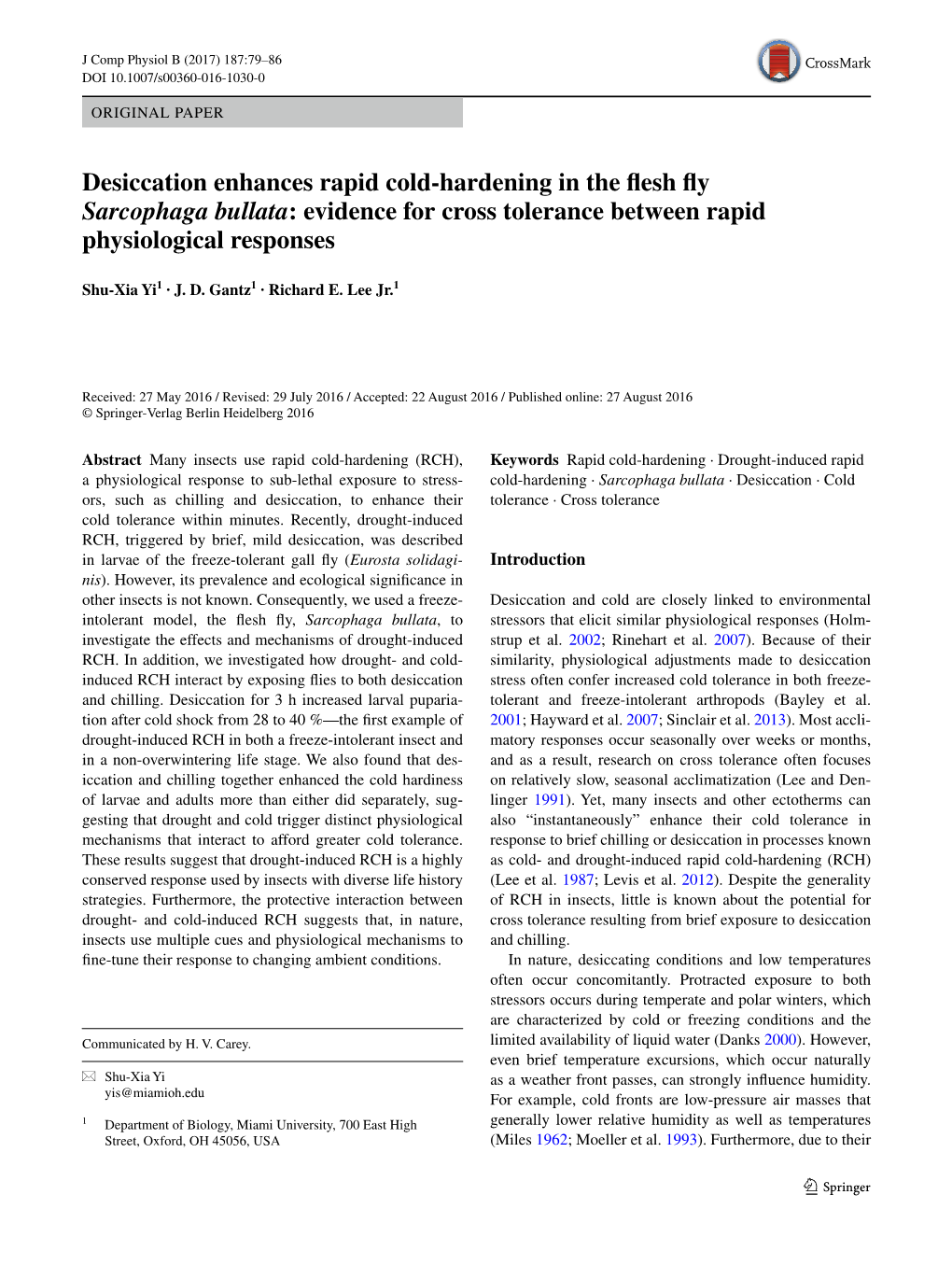 Desiccation Enhances Rapid Cold-Hardening in the Flesh Fly