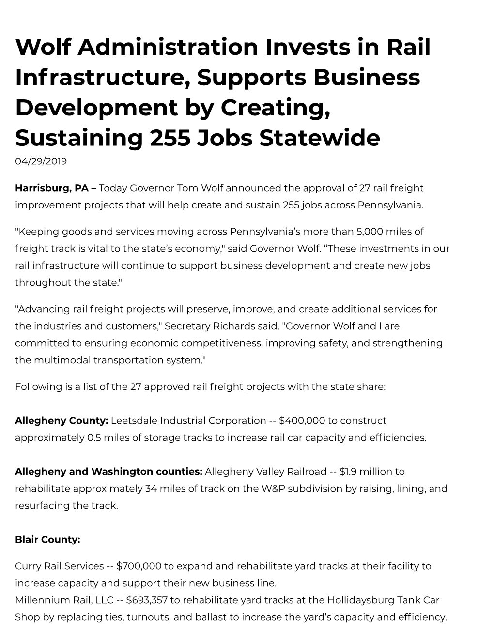 Wolf Administration Invests in Rail Infrastructure, Supports Business Development by Creating, Sustaining 255 Jobs Statewide 04/29/2019