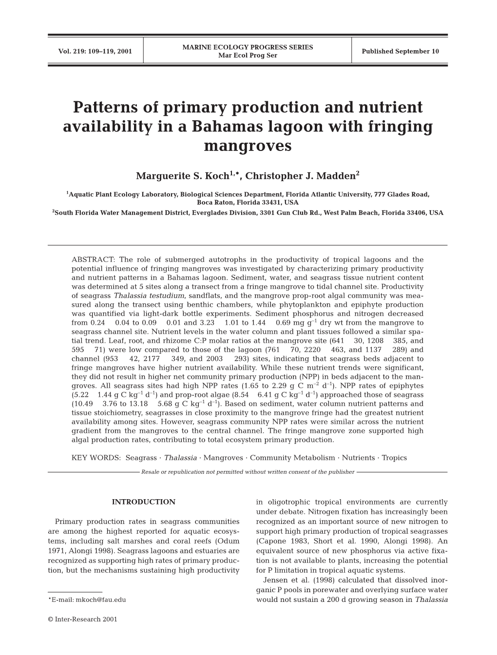 Patterns of Primary Production and Nutrient Availability in a Bahamas Lagoon with Fringing Mangroves