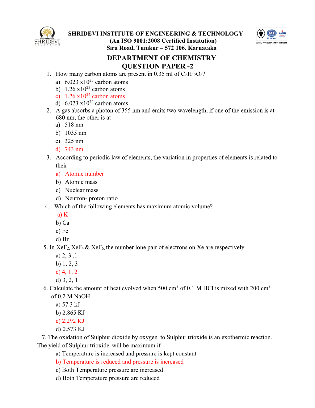 Department of Chemistry Question Paper -2 1