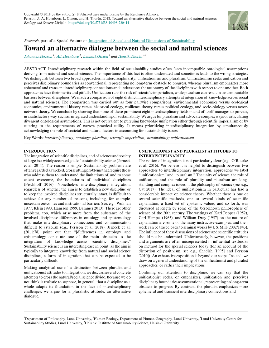 Toward an Alternative Dialogue Between the Social and Natural Sciences