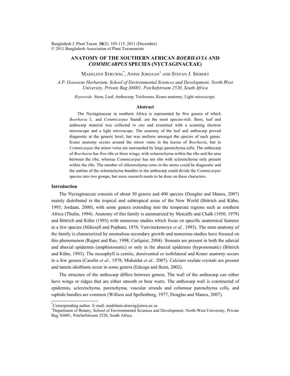 Anatomy of the Southern African Boerhavia and Commicarpus Species (Nyctaginaceae)