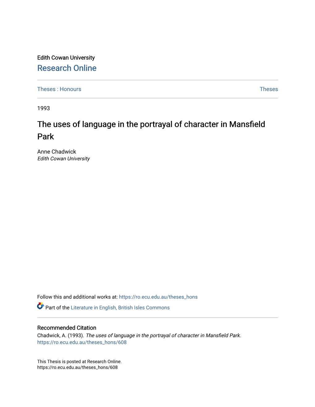 The Uses of Language in the Portrayal of Character in Mansfield Park